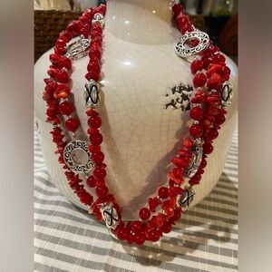 Red turquoise and bass and silver necklace approx 19”